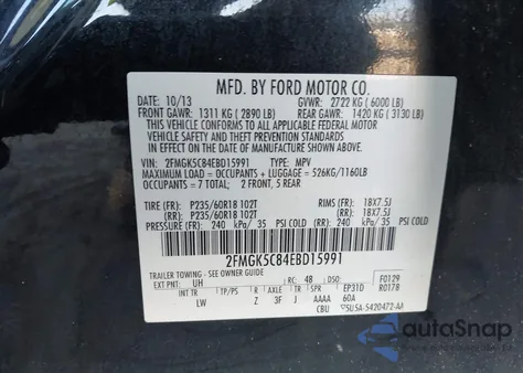 2014 Ford Flex Sel из США, поврежденный, VIN 2FMGK5C84EBD15991